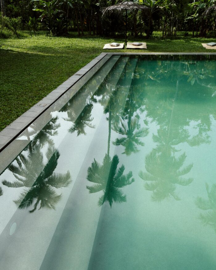 Discover a serene tropical pool surrounded by lush greenery and palm trees, perfect for relaxation.